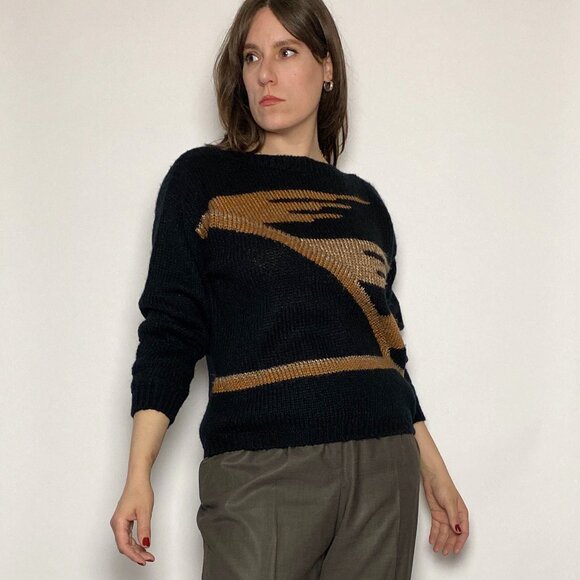 Vintage 1980s Black NEW WAVE Boat Neck Zig Zag Wool Blend Sweater! Medium-Large - Picture 5 of 7